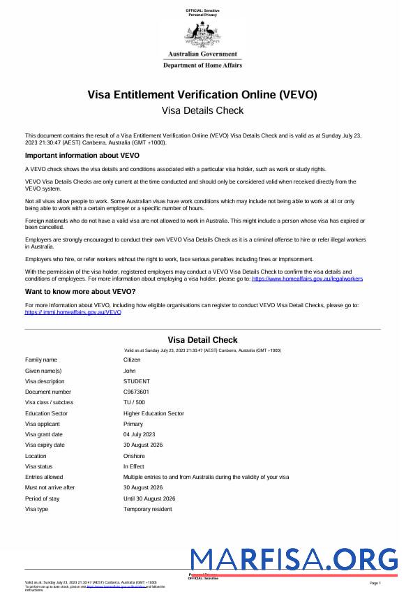 Printable Australia visa entitlement verification online (VEVO) certificate 1 (1) download for verification